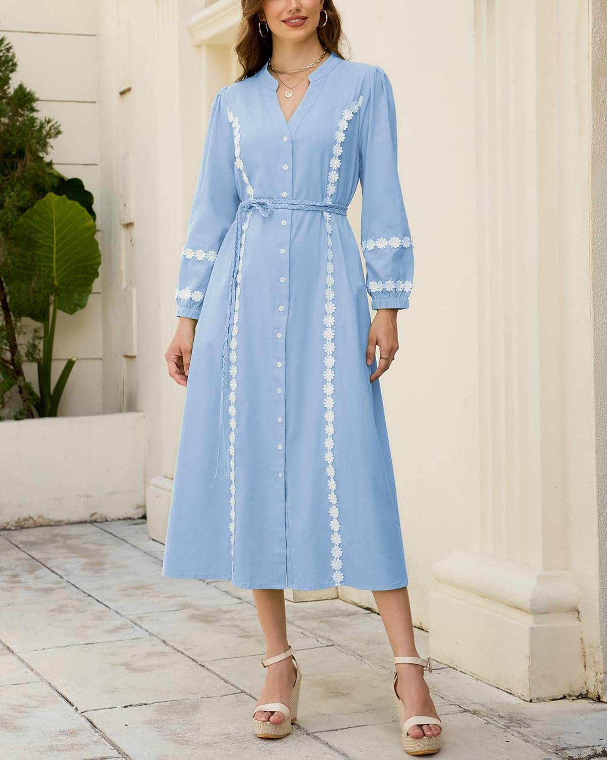 Women Button Down Maxi Dresses V Neck 3/4 Sleeve Lace Trim Kaftan Dress Fall Belted Long Shirt Dresses - Image 6