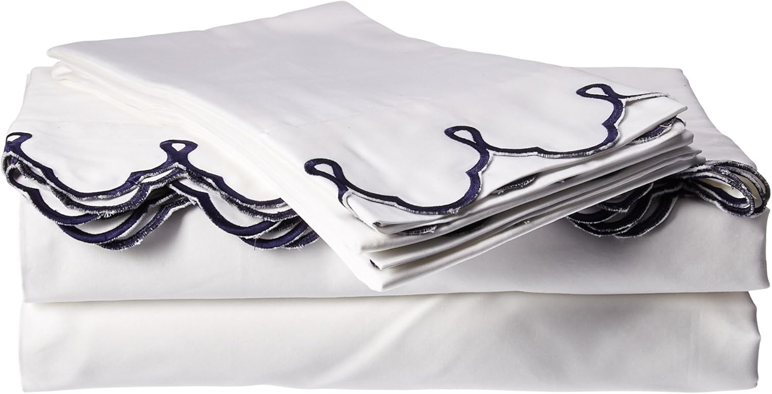 Belle Epoque 58009 Traditional Scalloped Embroidered Sheet Set White/Navy, Calking