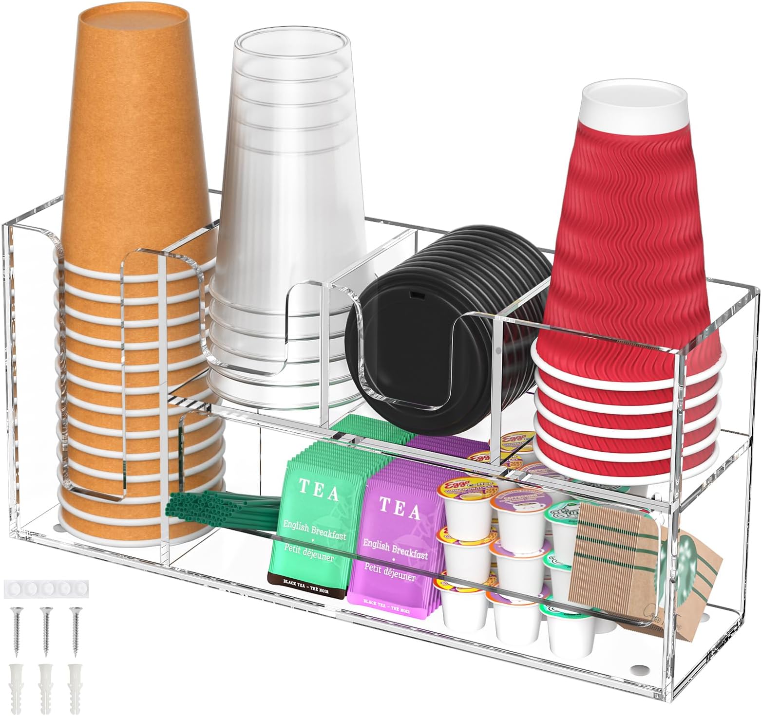 - 2-Tier Coffee Station Organizer for Countertop, 5 Compartments Clear Acrylic Cup and Lid Holder Tea Condiment Storage Upright Coffee Bar Organizer Pod Dispenser for Office Breakroom Home Kitchen