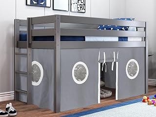 Jackpot! Contemporary Low Loft Twin Bed with End Ladder, Gray with Gray & White Tent