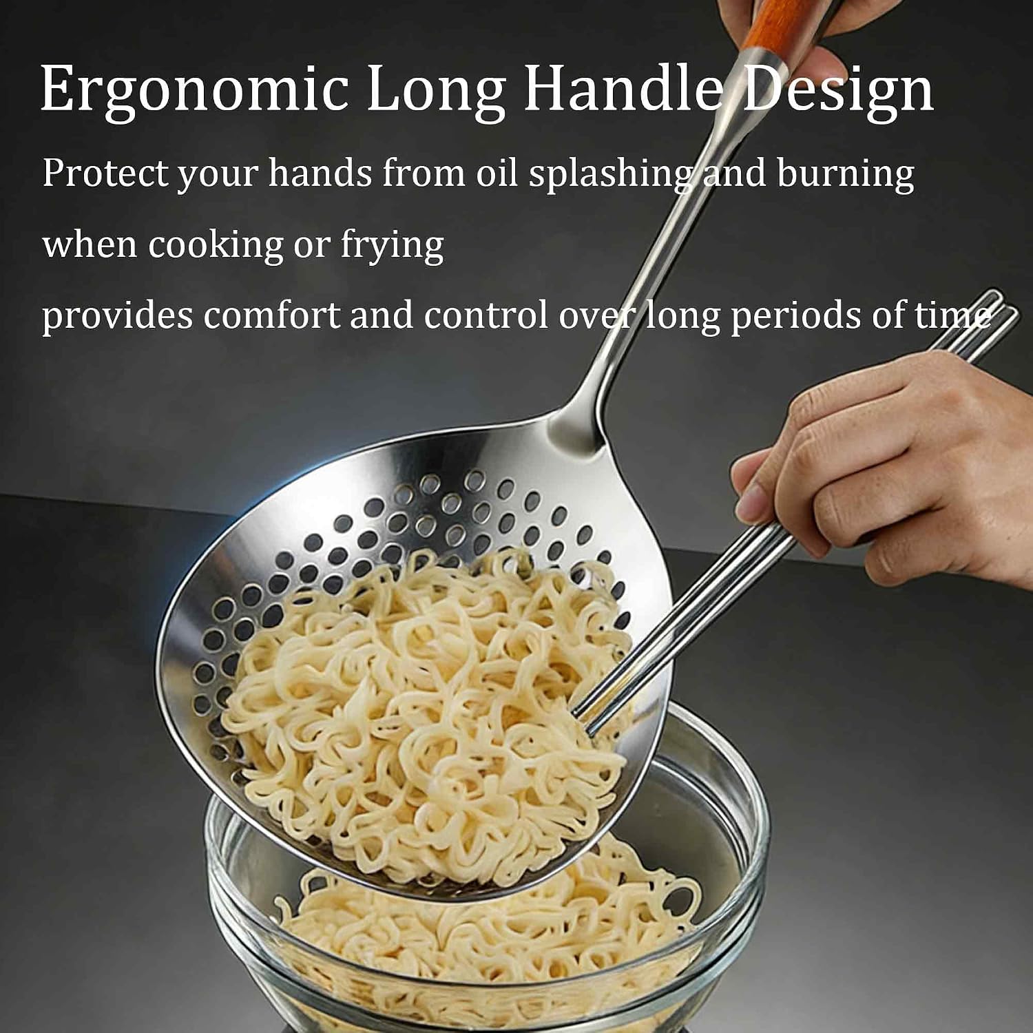 Stainless Steel Skimmer Slotted Spoon, Spider Strainer Ladle with Long Handle for Cooking, Draining Pasta, Deep Frying(Wooden Handle)
