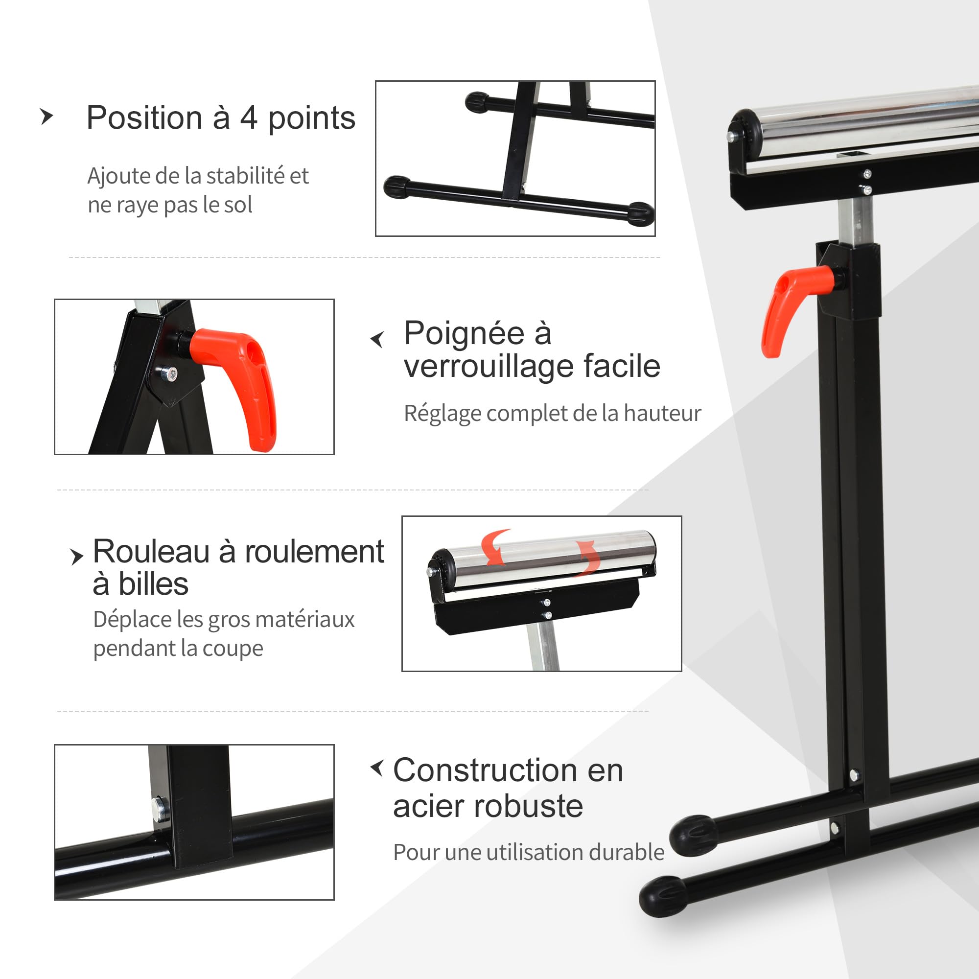 HOMCOM Servante d'atelier à rouleau pliable, lot de 2 supports avec rouleau hauteur réglable 68 à 110 cm, charge max. 90 kg, support de rouleau à billes, noir
