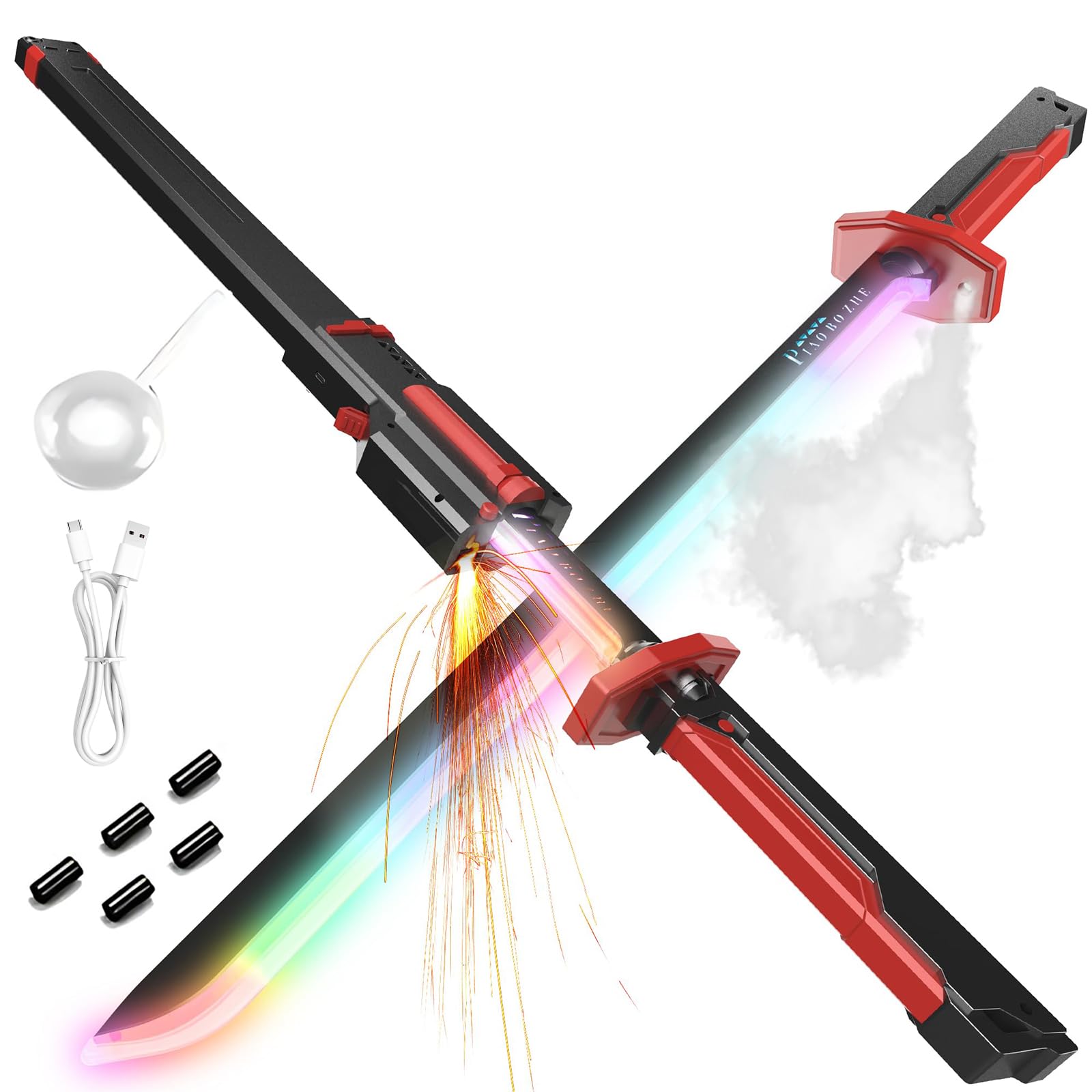 31.5" Spark Sword for Kids and Adults, Led Light Up Sword with Sparks, Sound & Fog, Type-C Rechargeable, Sparking Sword for Anime Cosplay Red-image-37