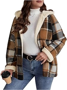 Womens Plaid Shacket Jacket Sherpa Lined Flannel Jackets Oversized Winter Warm Zip Up Fleece Hoodies Coat Outwear