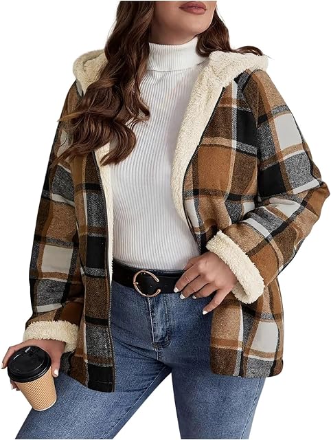 Womens Plaid Shacket Jacket Sherpa Lined Flannel Jackets Oversized Winter Warm Zip Up Fleece Hoodies Coat Outwear