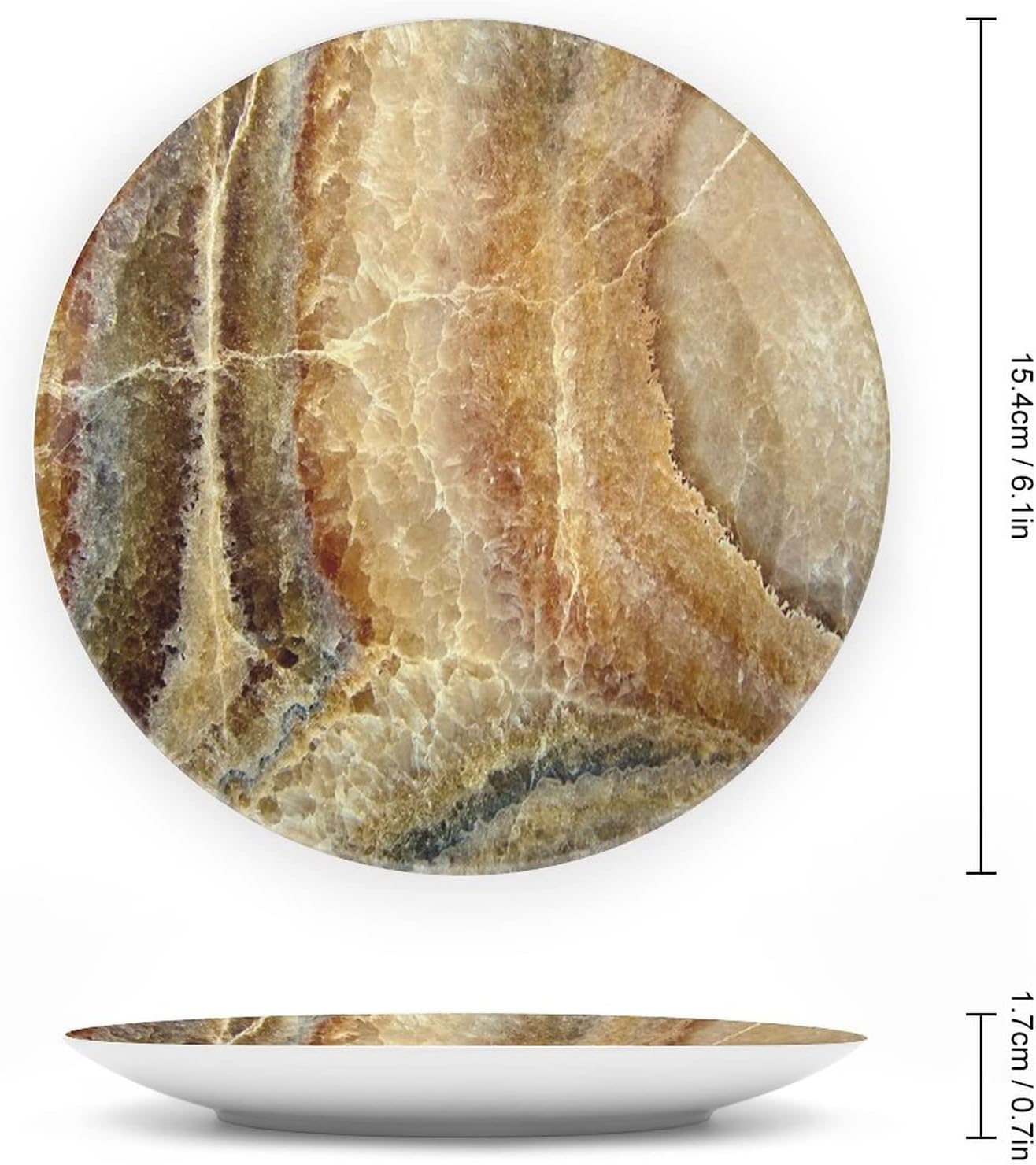 XISUNYA 7 Inch Decorative Plate, Marble Round Porcelain, Onyx Stone Surface Pattern Print Ceramic Wall Hanging Decor Accessory for Dining Table Tabletop Home Decor, Sand Brown Cinnamon