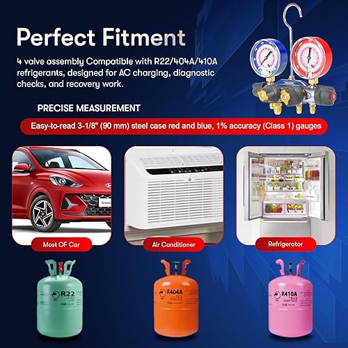 Miniatura 4 de Sunluway 49968 Colector de carga de prueba de 4 válvulas, juego de herramientas de manómetro de colector de AC con mangueras de válvula de bola de