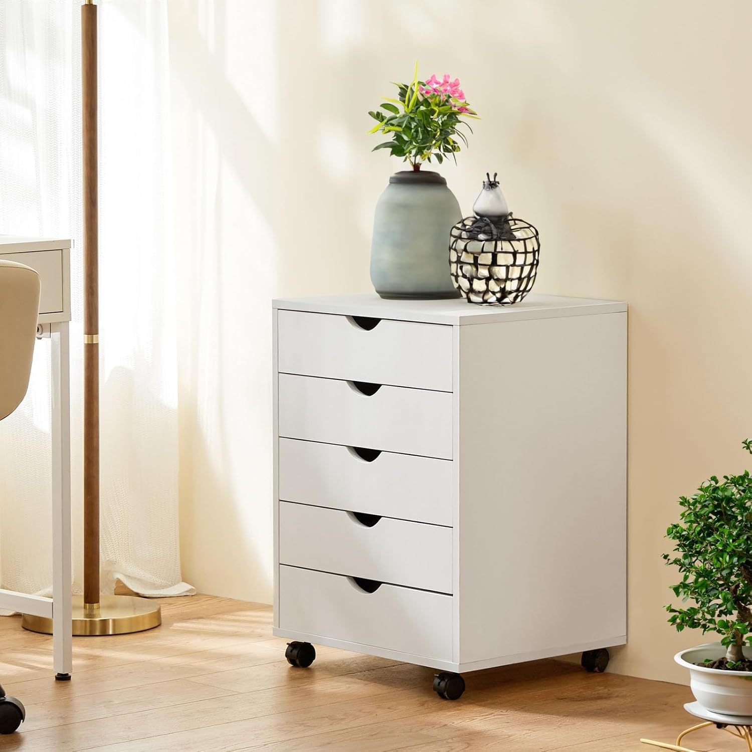 5 Drawer Mobile File Cabinet Under Desk Storage Organization with Wheels Vertical Filing Chest Rolling Wood Small Desk Printer Stand for Home Office, White