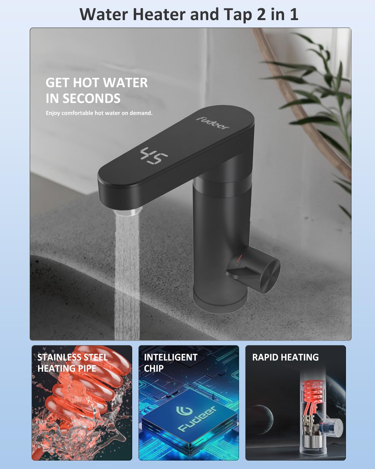 Rubinetto dlettrico, miscelatore elettrico caldo e freddo con display digitale, rubinetto da 3300 W con scaldabagno istantaneo Rubinetto elettrico per lavandino (nero)