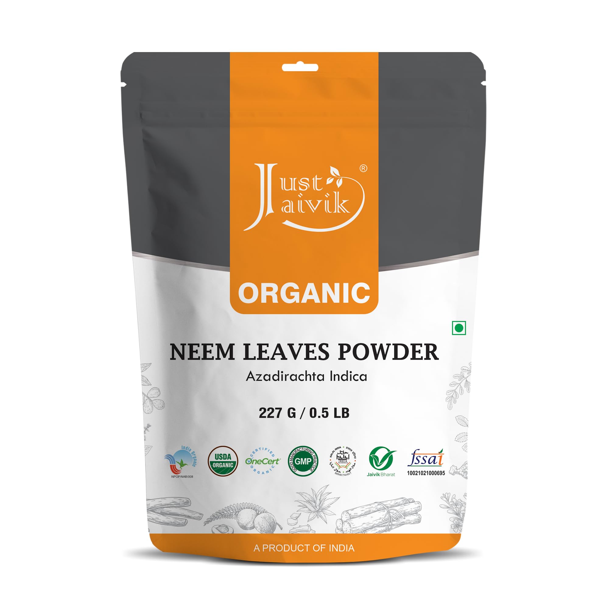 Just Jaivik 100% Organic Neem Leaves Powder - USDA Certified Organic, 227 GMS / 1/2 LB Pound / 08 Oz - Azadirachta Indica - Promoting Healthy Hair and Clear Skin (an USDA Organic Certified Herb)