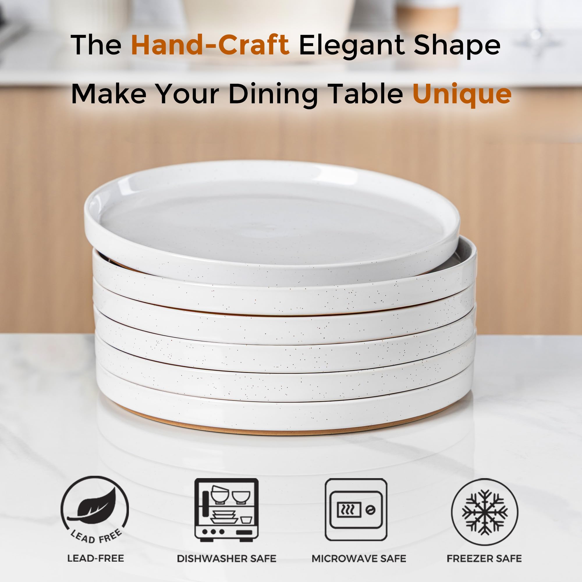 AmorArc Juego de 6 platos de cerámica moteados de 10.25 pulgadas con parte inferior de terracota rústica pintada a mano, juego de vajilla moderno para cocina, microondas y lavavajillas, color blanco