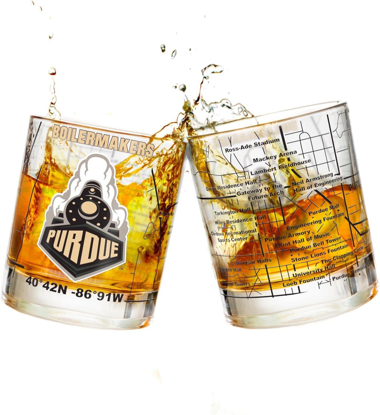 Greenline Goods  University of Purdue Boilermakers College Whiskey Glasses (Set of 2), 10 oz  Full-Color Logo + Campus Map