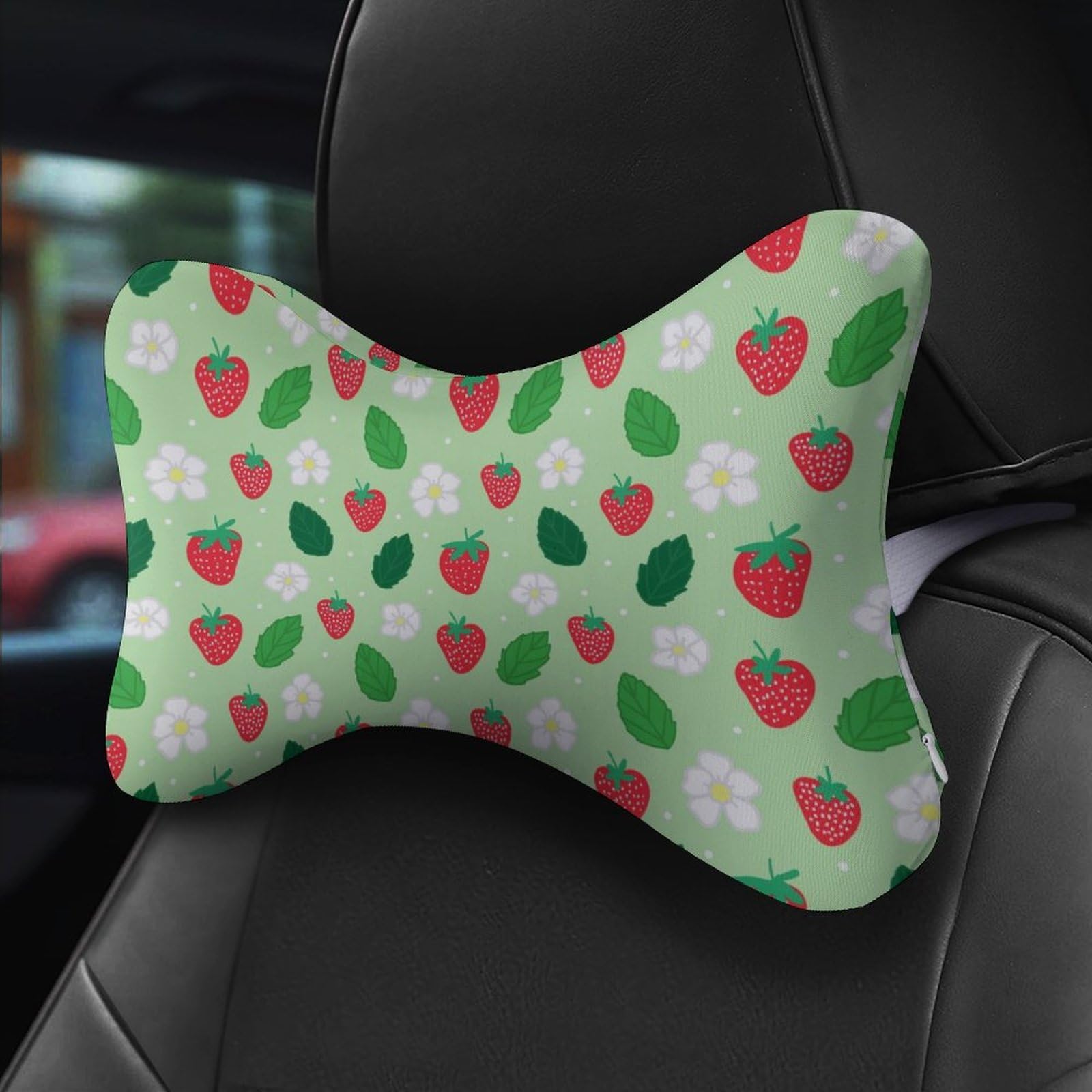Strawberry Leaves Strawberry Flower Car Neck Pillow Set of 2 Car Seat Head Support Cushion Bone Pillows with Elastic Strap
