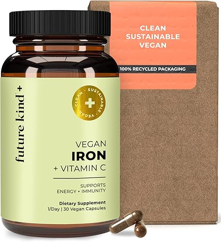 Future Kind Suplemento de hierro vegano para hombres y mujeres con vitamina C para energía, concentración e inmunidad - Suministro para 30 días, una