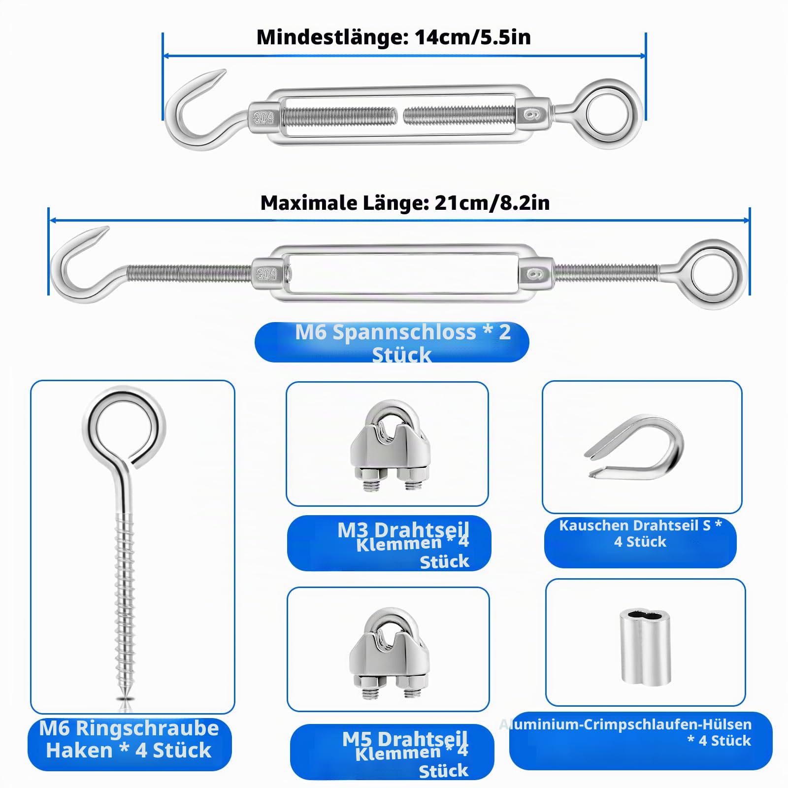 TooTaci Drahtseil 5mm Set, 30M Edelstahl Stahlseil ummantelt, mit M6 Edelstahl Seilspanner Set, Rankhilfe Stahlseil mit ösen, Spanndraht Seilspanngarnitur für Vorhangseilsystem, Gardinenseil, Hängen