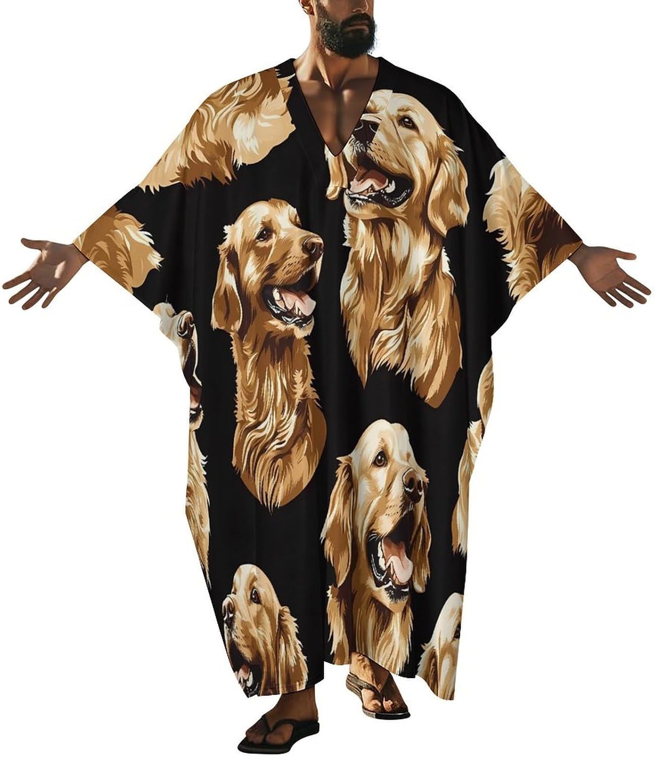 Cute Retriever Dogs Men's Kaftan Thobe V-Neck Long Gown Loose Robe