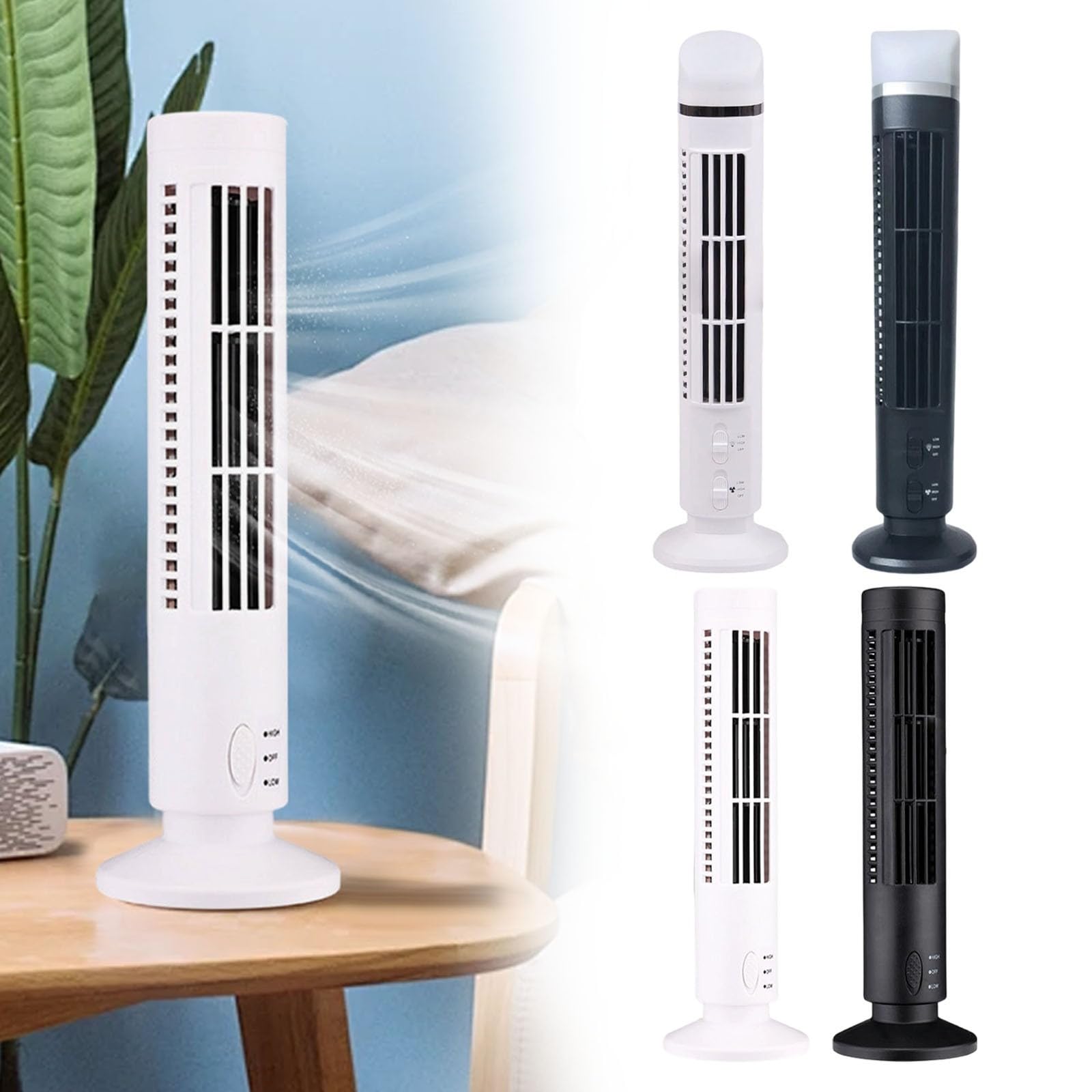 Ventilatore a torre senza pale con ricarica USB e luce notturna morbida, circolatore d'aria fredda portatile per camera da letto, casa, ufficio e uso interno