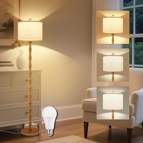 Abnerph - Lámparas de pie rústicas con 3 temperaturas de color, lámpara alta vintage de madera de goma de 64 pulgadas con interruptor giratorio,