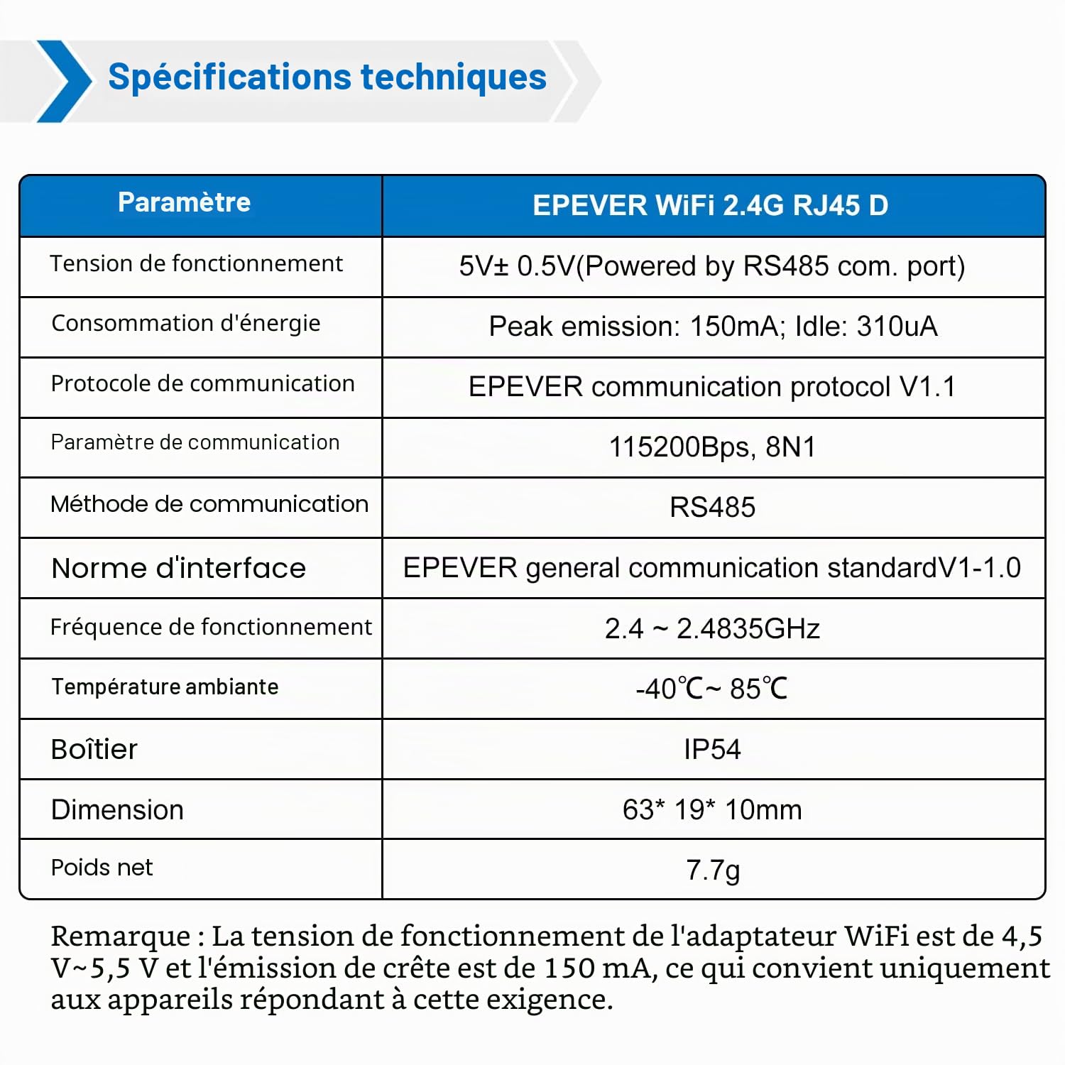 EPEVER Module WiFi 2,4 G RJ45 D pour contrôleur de charge solaire MPPT pour surveiller et modifier les paramètres par application mobile (EPEVER-WiFi-2.4G-RJ45-D)