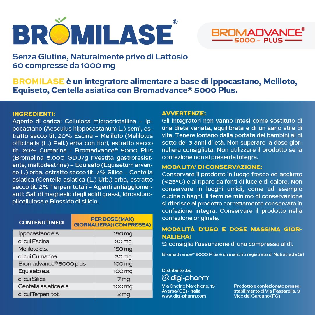 Bromilase Bromelina Drenante Diuretico Disintossicante Anticellulite 60 Compresse con Enzimi Digestivi per Cellulite e Drenaggio Liquidi con Centella Asiatica Equiseto Made in Italy