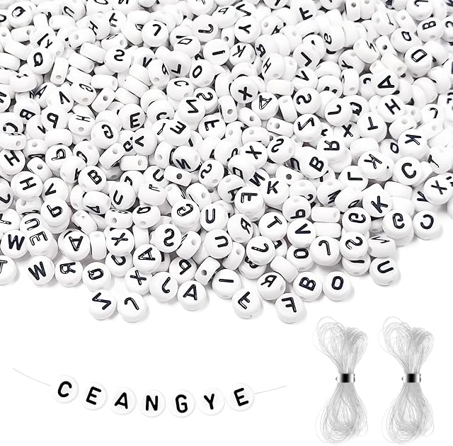 Letter Beads, 2000 Pcs Letter Beads for Bracelets, 4x7mm Round Alphabet Bead with 2 Rolls Elastic String for Friendship Bracelets and Jewelry Making, Black on White