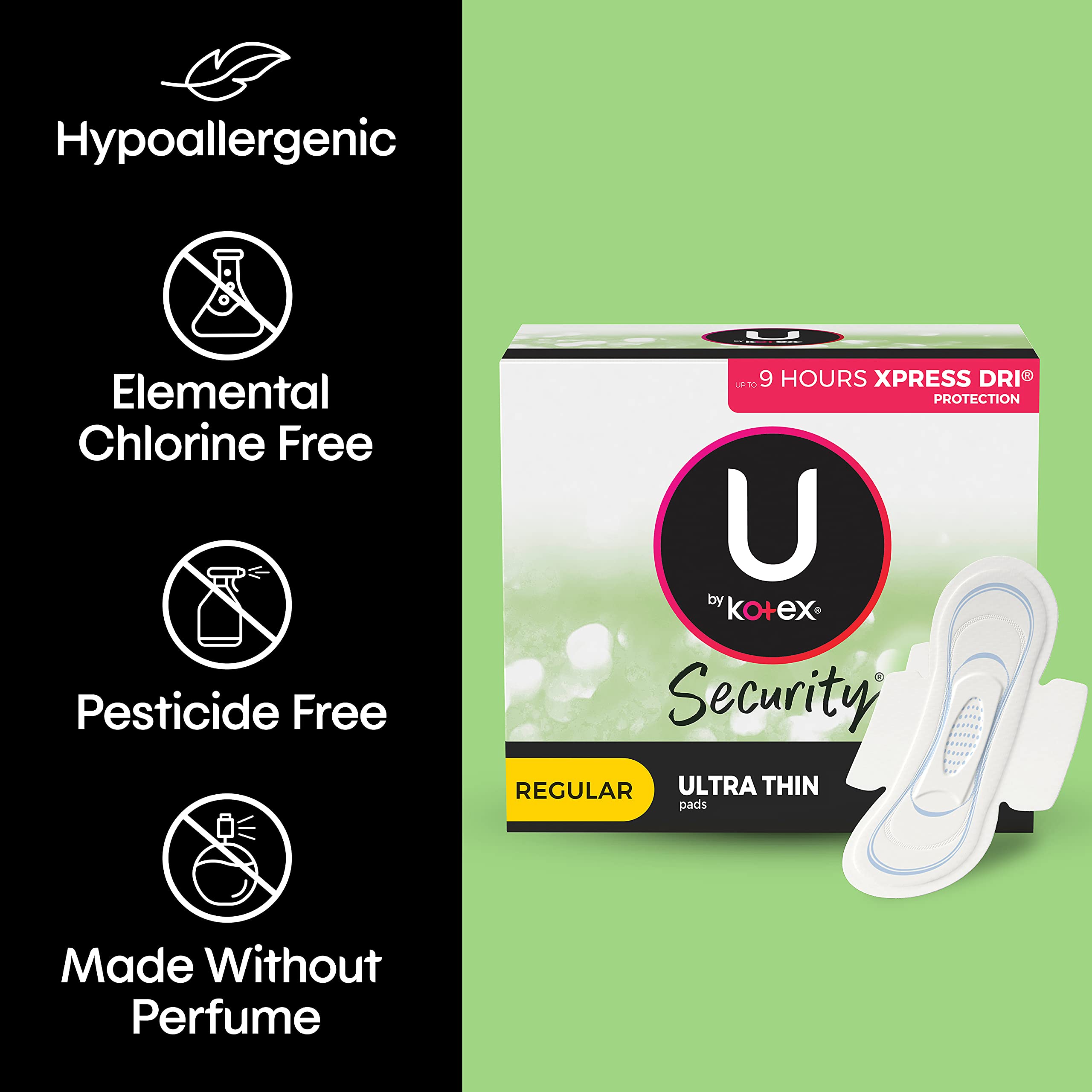 U by Kotex Security - Almohadillas femeninas ultrafinas con alas, absorción regular, sin perfume, 36 unidades