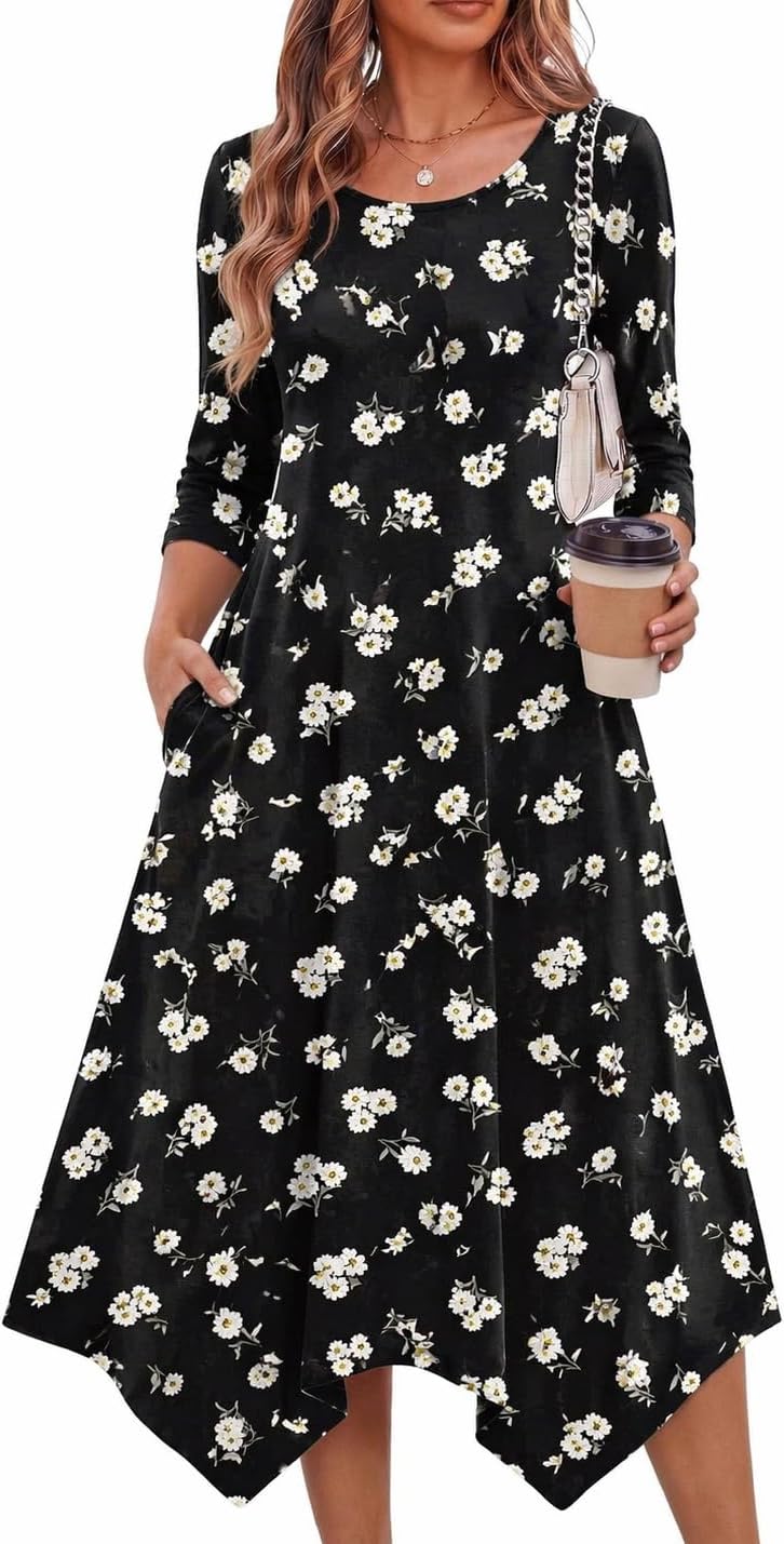  Midi Dresses Women 2026 Dress 3/4 Sleeve A Line Casual Dresses with Pockets