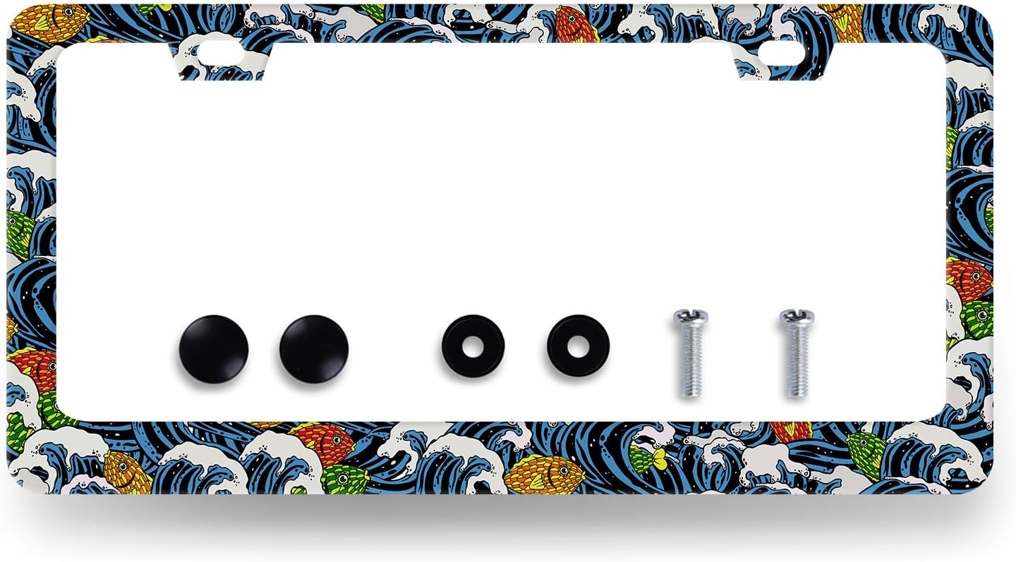 Vintage Floral License Plate Frame Folk Flowers License Plate Stainless Steel Colorful Accessories Cars Decor 12.3 X 6.3 Inch with Holes and Screws Fits Standard Us Canada Vehicles