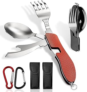 2 Juego Cubiertos Camping, 4 En 1 Cubiertos Para Llevar Plegables Viaje Acero Inoxidable Set de Cuchillo, Cuchara, Tenedor, Abrebotellas con Bolsa de almacenamiento y mosquetón