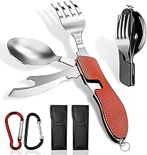 2 Pack Camping Cutlery Set Stainless Steel 4 in 1 Folding Camping Cutlery with Knurled Aluminum Handle (Knife, Fork, Spoon, Bottle Opener etc)