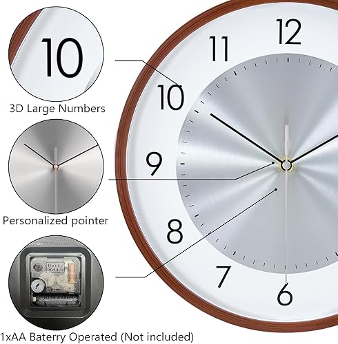 Miniatura 7 de Reloj de pared silencioso de grano de madera de 12 pulgadas, funciona con pilas, con números grandes, relojes de pared decorativos analógicos que no