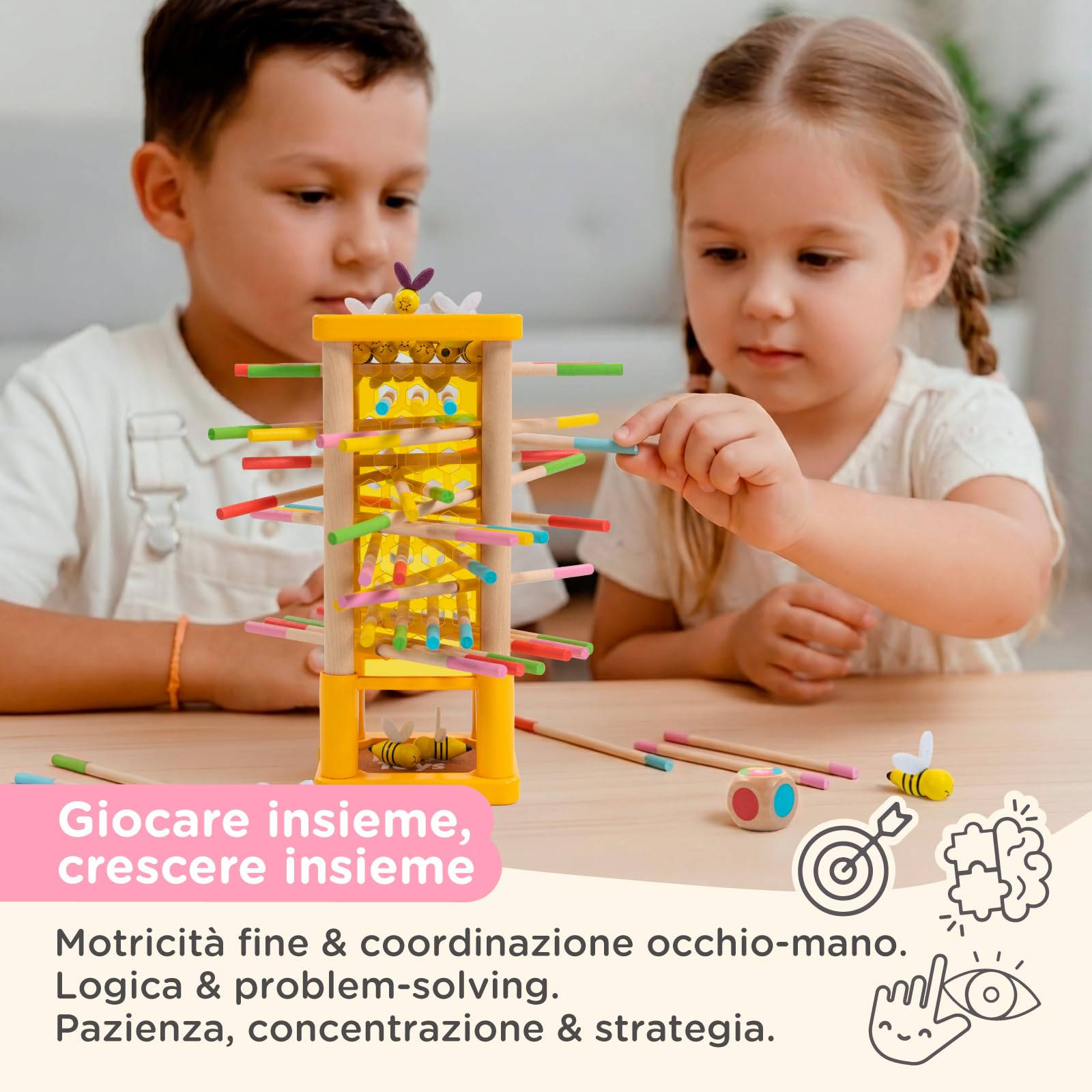 Nene Toys BEEFALL Gioco da Tavolo e di Società Bambini 3 Anni – Torre di Equilibrio in Legno FSC con Api, Bastoncini, Dado e Carte Azione – 4 in 1 (3 modalità + Rainbow Sticks) Montessori