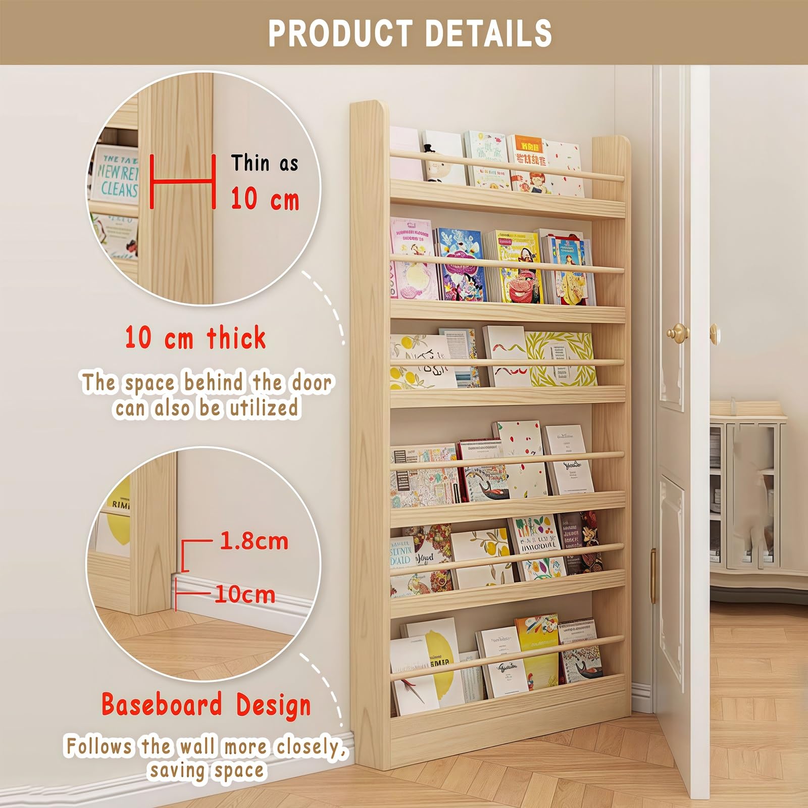 Librería De Madera De 3/4/5/6 Niveles Para Colocar Detrás De La Puerta, Librería Alta Y Estrecha De Pie, Estantería Delgada De Madera De Pino, Para Libros, Dormitorio, Sala De Estar(120CM(4))