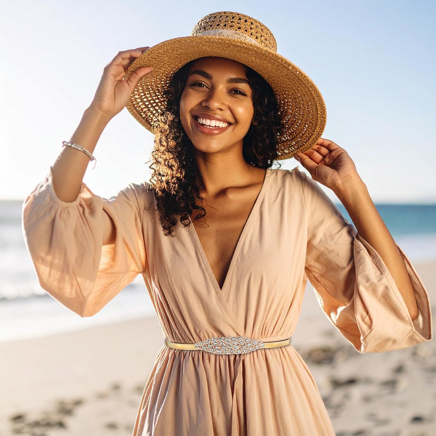 Women Skinny Stretch Metal Waist Belt, Thin Elastic Chain Belt for Dress, Rhinestone Belts gold Belts for Women(Adjustable from 23.62 inches to 28.34 inches) - Image 4