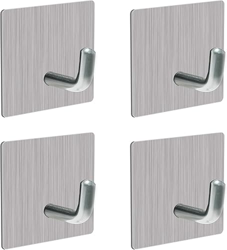 Paquete de 4 ganchos adhesivos, ganchos de metal plateado pegajosos de acero inoxidable, sin daños, sin perforaciones, gancho de pared para puerta,