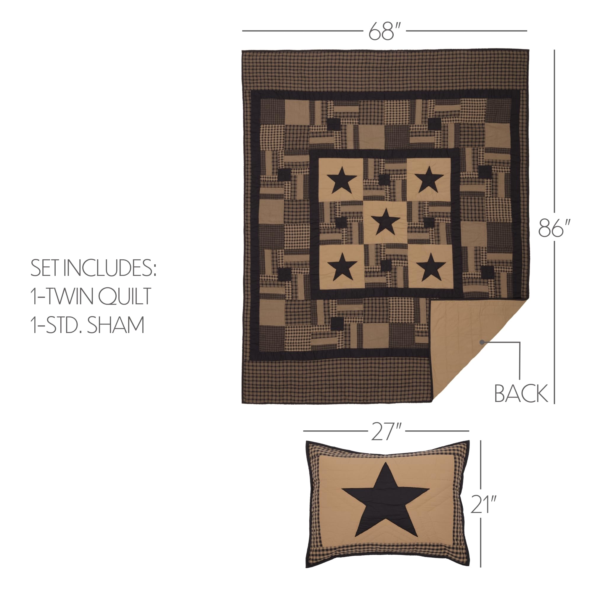 VHC Brands Wyatt Plaid Cotton Quilt Sham - Queen Size, Rustic Pre-Washed Square Sham, Patchwork Tan