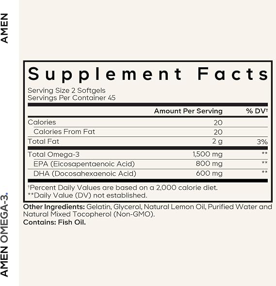 Amen Omega-3 Supplement - 1500mg High-Potency Daily Omega 3 - EPA and DHA Fatty Acids Fish Oil - 45-Day Supply - Fatty Acid Supplements - Fish Oil Pills - Non-GMO - 90 Soft Gels Capsules