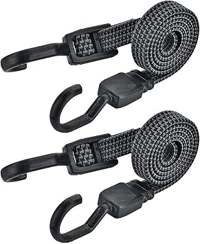 24 Inch Flat Adjustable Bungee Cords with Hooks Heavy Duty Elastic Rope Straps for Camping, Bicycles, Folding Bikes, Luggage. 2 Pcs Gray Black, Plastic Wrapped Steel Hook