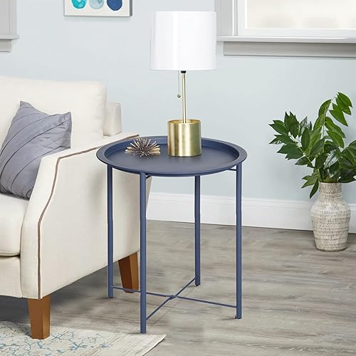 Vista 26 de VECELO Mesa auxiliar/auxiliar, plegable, redonda, de metal, antioxidante, impermeable, para exteriores o interiores, bandeja para sala de estar