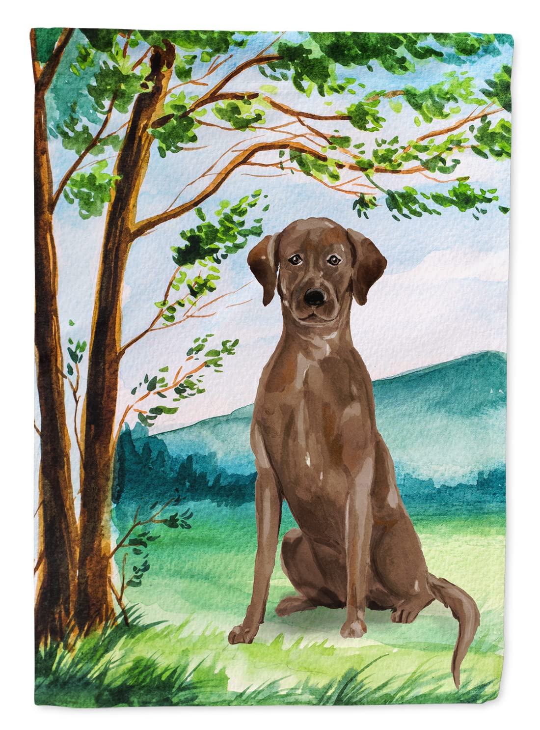 Drapeau maison Labrador chocolat sous le sapin en toile premium