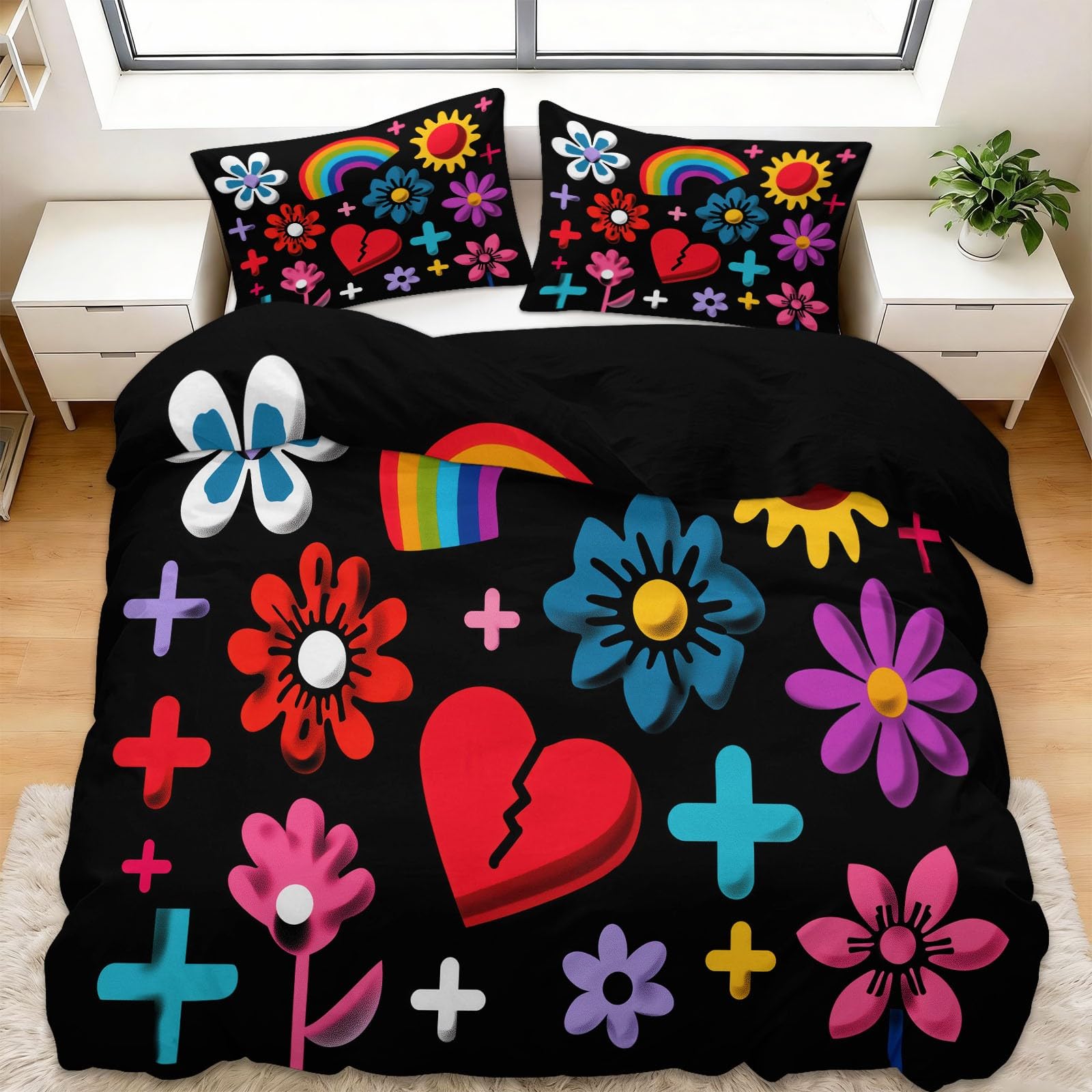 Housse de couette 240x260 pop art arc-en-ciel réversible en microfibre douce avec 2 taies d'oreiller