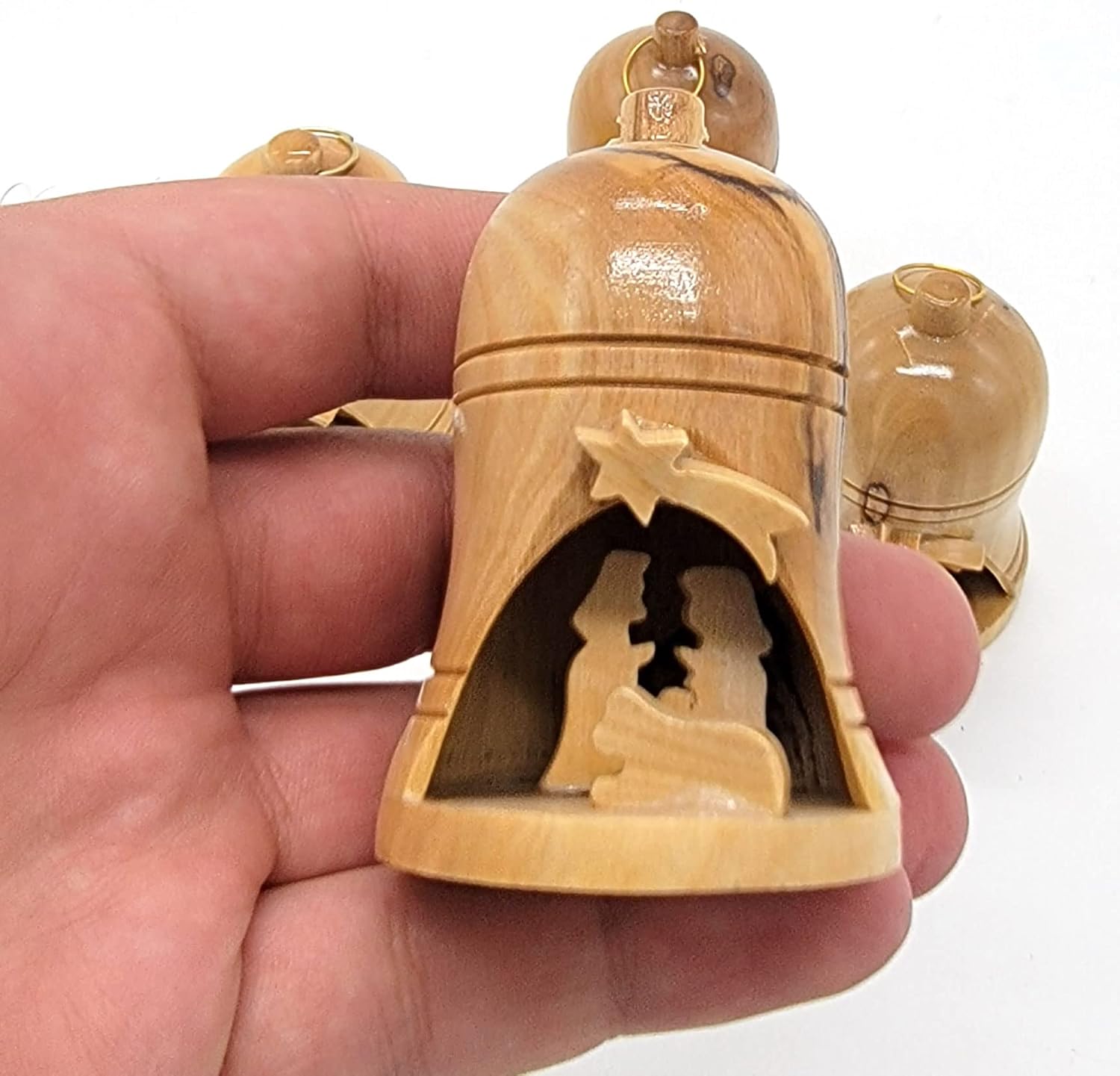 Zuluf Bulk Olive Wood Bell Christmas Ornaments from Bethlehem - Religious Nativity, Catholic Chrismons for Christmas Tree, Holy Land Israel Souvenirs, Christian Decorations Set of 4