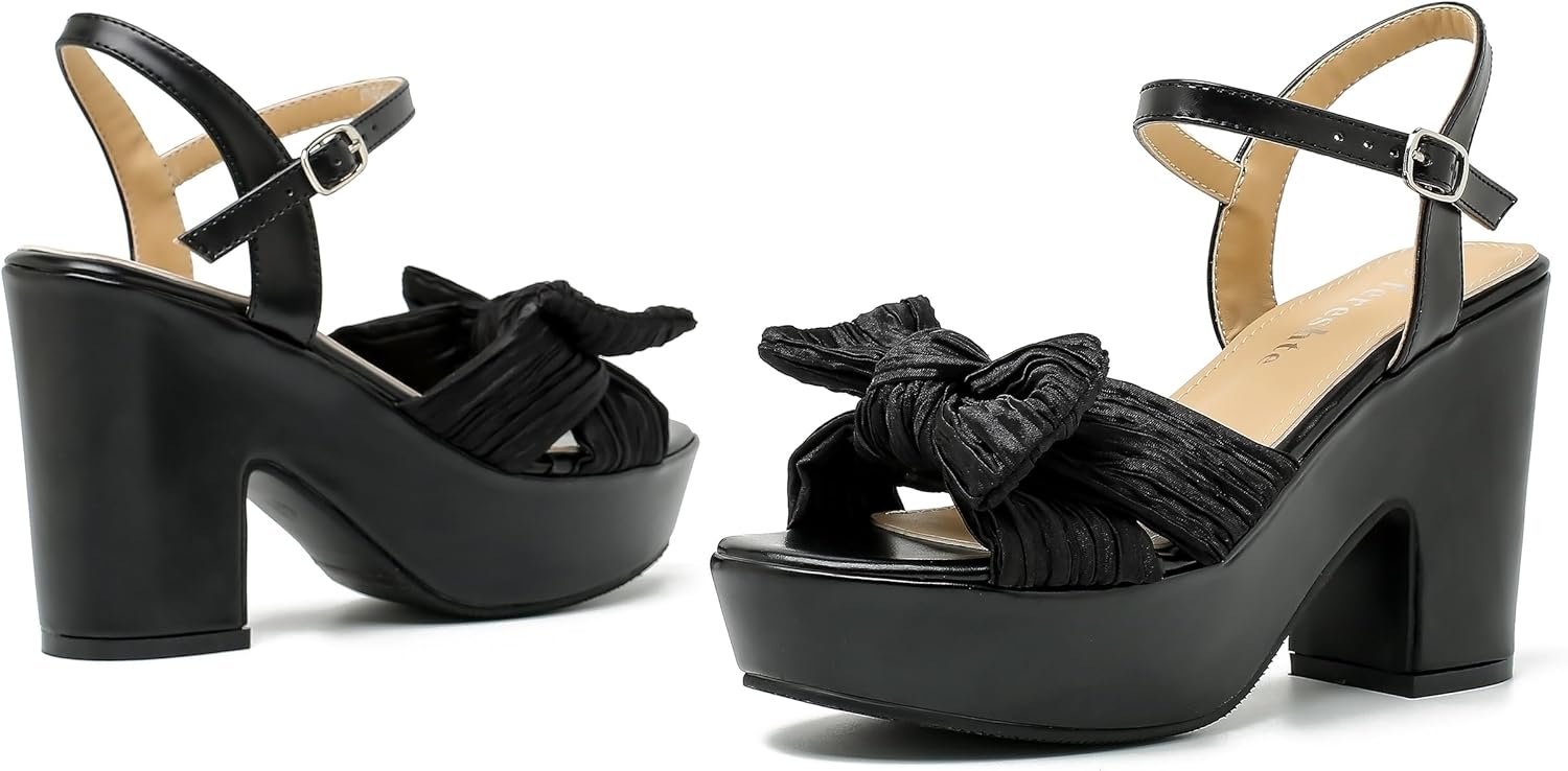 fereshte Women's Pleated Bow Knot Chunky Block Heels Platform High Heel Open Toe Ankle Strap Sandals - Image 7
