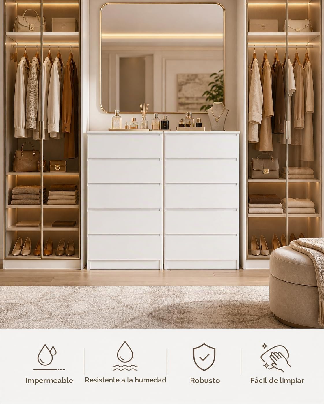 Cómoda Dormitorio 5 Cajones, Cajonera Blanca, Sinfonier Alto y Estrecho, Mueble Auxiliar para Dormitorio, Salón y Pasillo, 60 x 40 x 121 cm