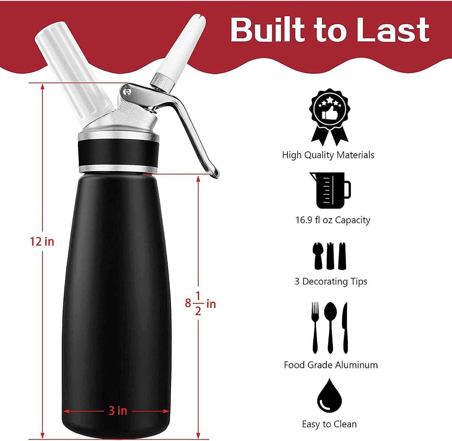 Whipped Cream Dispenser Durable Aluminum Foam Whipper 1 Pint 500Ml Cream Maker Whipped Cream Maker