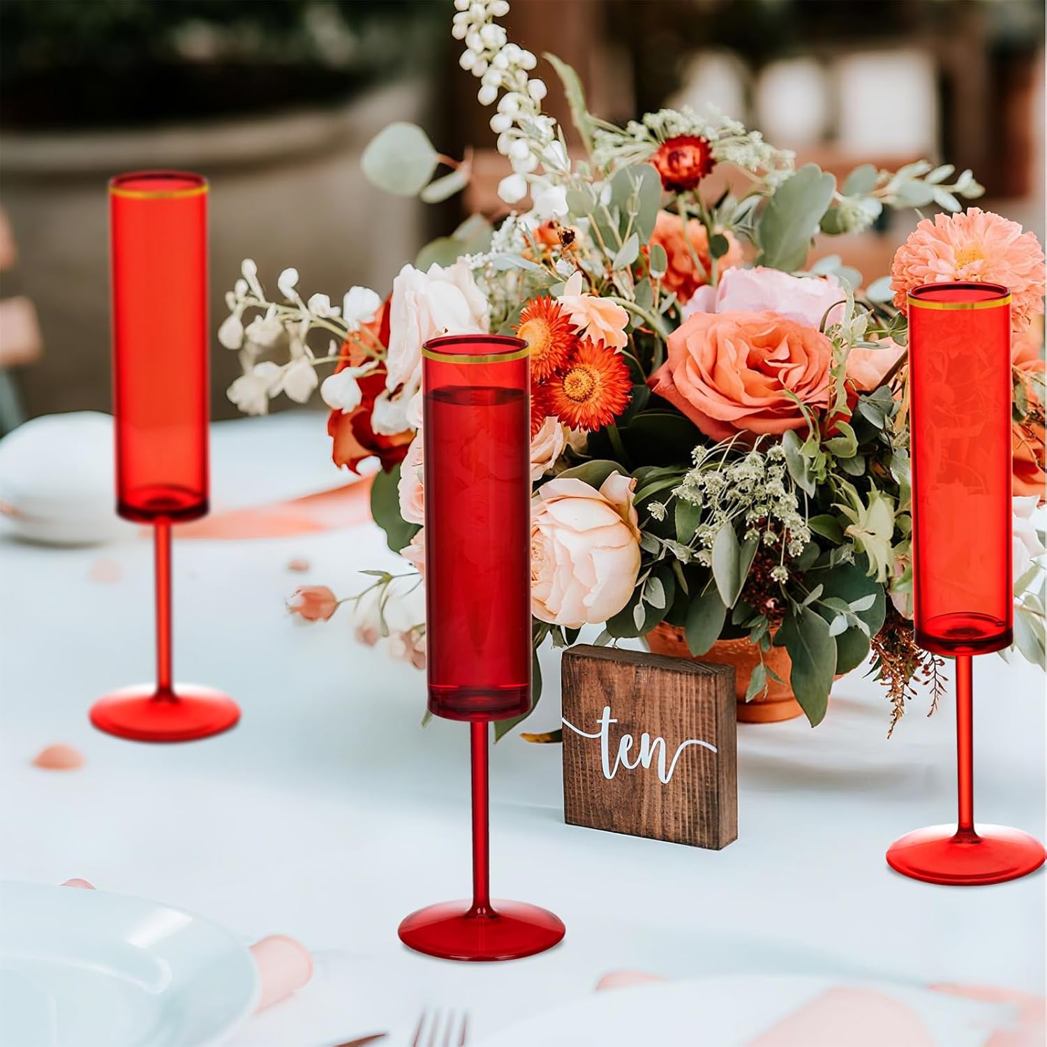 24 Pcs Plastic Wine Glasses,6 OZ Champagne Flutes Goblets Gold Rim Disposable Cups for Parties Reusable Champagne Toasting Colored Cups Drinking,Elegant for Wedding Anniversary Christmas Red