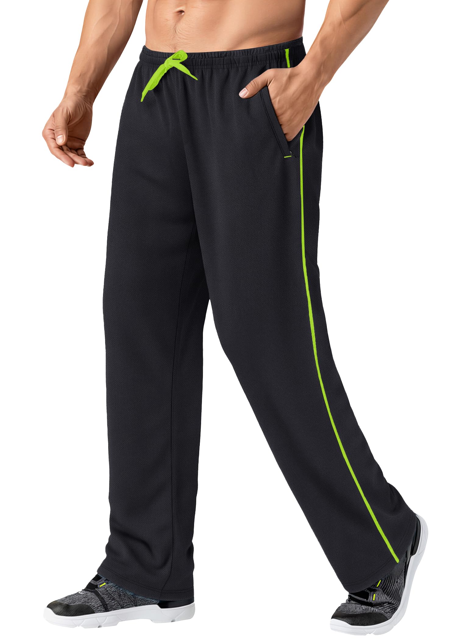 Men's Lightweight Sweatpants Loose Fit Open Bottom Mesh Athletic Pants with Zipper Pockets