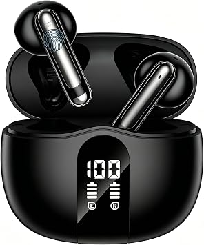 XIAOWTEK Wireless Earbuds, 2026 Bluetooth 5.4 Ear Buds with Noise Cancelling Mic, LED Display Earphones for LaptopBlack