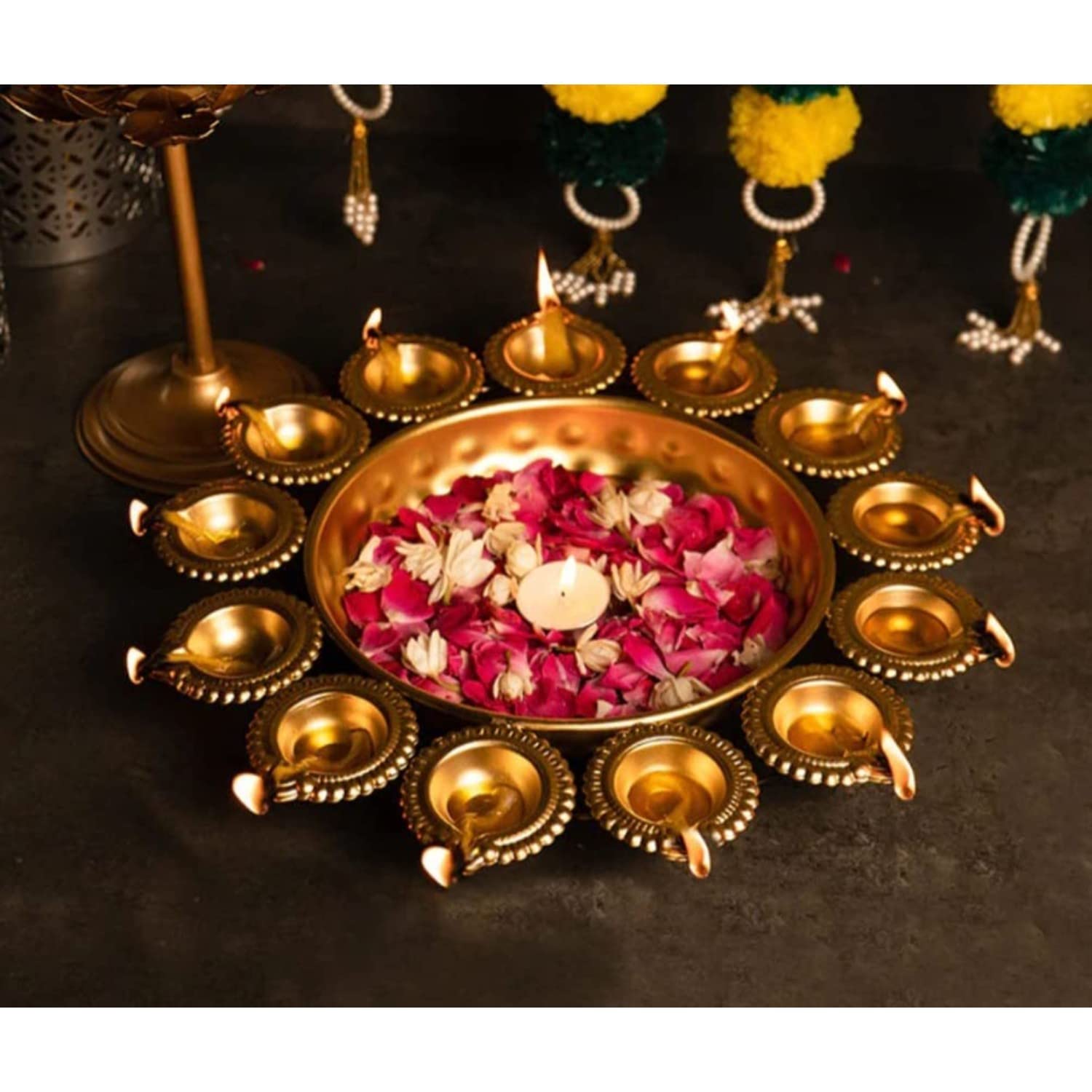See full amazon price history chart for Homecure Decorative Bowl Shaped Metal Urli with 10 Oil Diya Attached for Floating Flowers for Diwali Decoration Item I Urli Bowl for Home Decor l tealight Candle Holder I Ganpati Pooja I - 12 Inch Homecure Decorative Bowl Shaped Metal Urli with 10 Oil Diya Attached for Floating Flowers for Diwali Decoration Item I Urli Bowl for Home Decor l tealight Candle Holder I Ganpati Pooja I - 12 Inch (B0D9NQQF58) Amazon Price History, Amazon Price Tracker