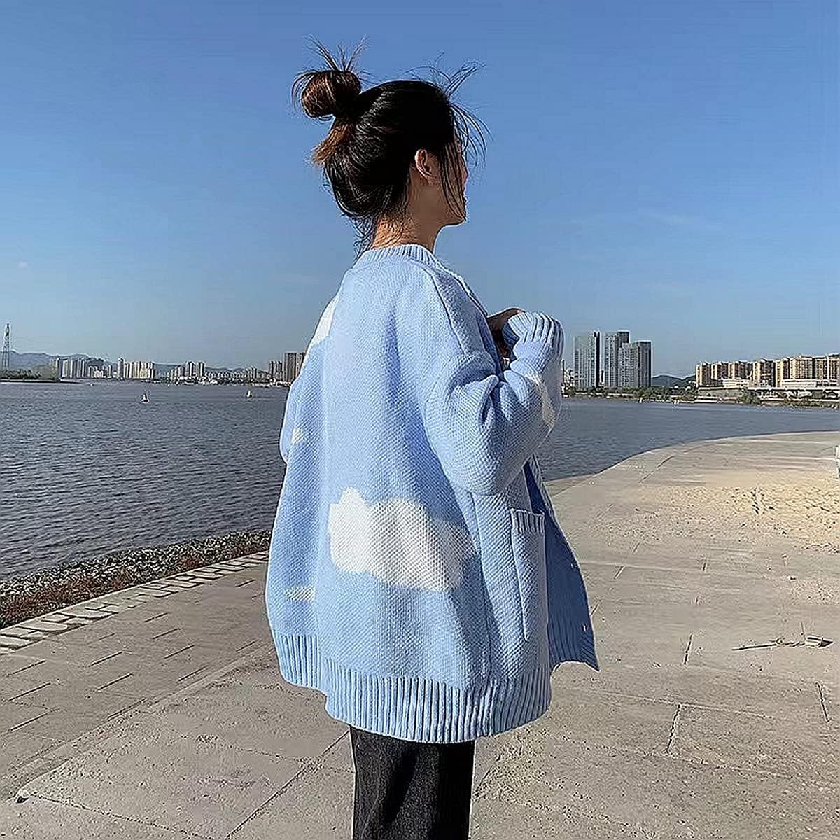 Women's Button Down Crew Neck Cardigan Kawaii Cloud Knitted Sweater with Pockets - Image 4